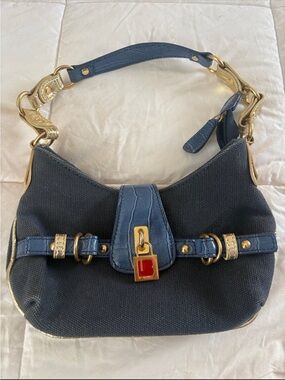 Y2K Blue Canvas Padlock Shoulder Bag Croc Embossed Trim Gold Hardware Baguette